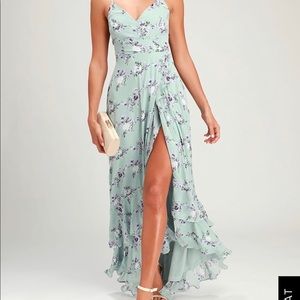 Lulu’s “GREEN FLORAL LACE-UP HIGH-LOW MAXI DRESS”
